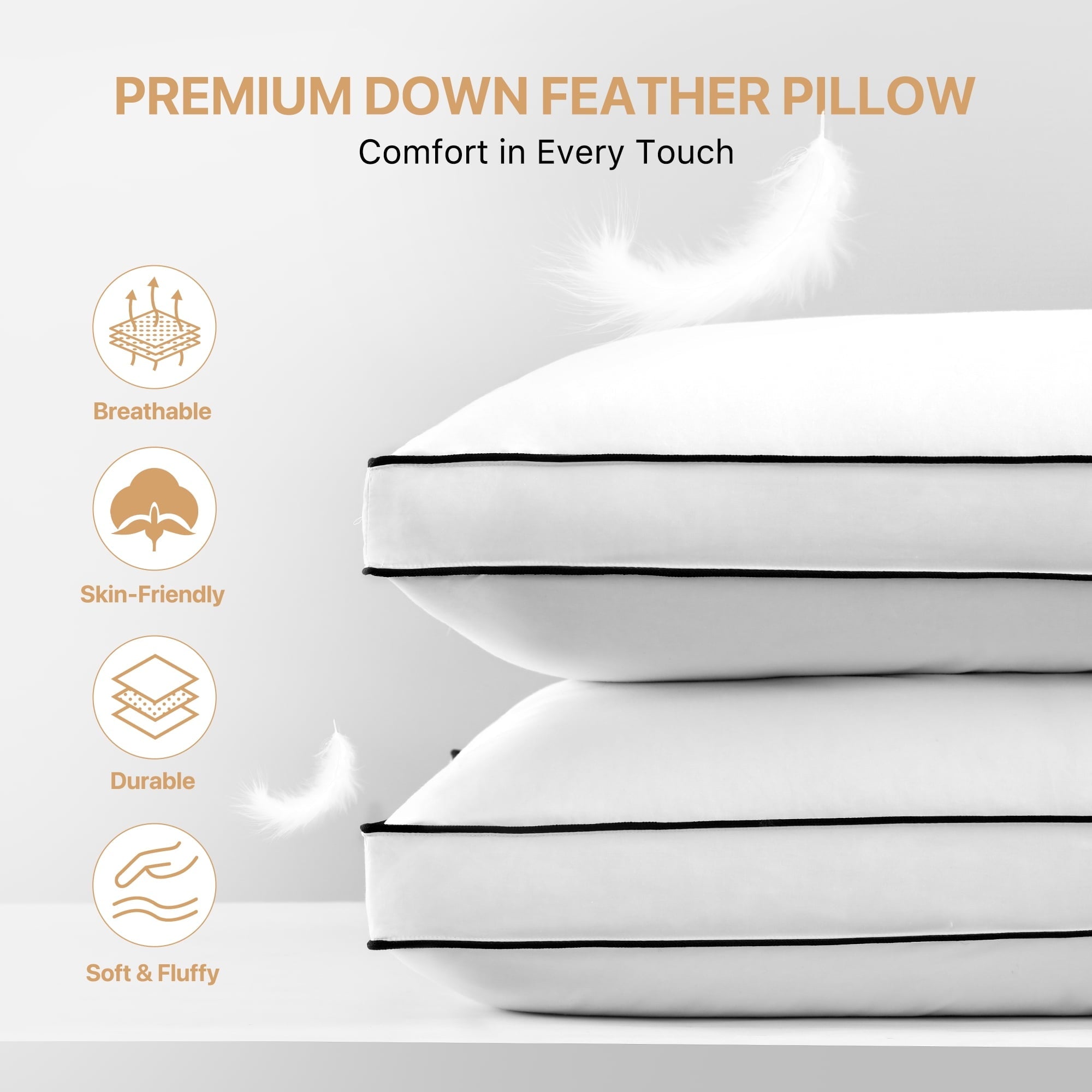 Decorative Plump Gusseted Feather Down Pillow Set of 2, Medium Firm Hotel Bed Pillows 2 Pack, Queen Size for Side Sleepers, 20 x 30 in - Decorative Throw Pillow Cushion for Sofa & Bed Detail