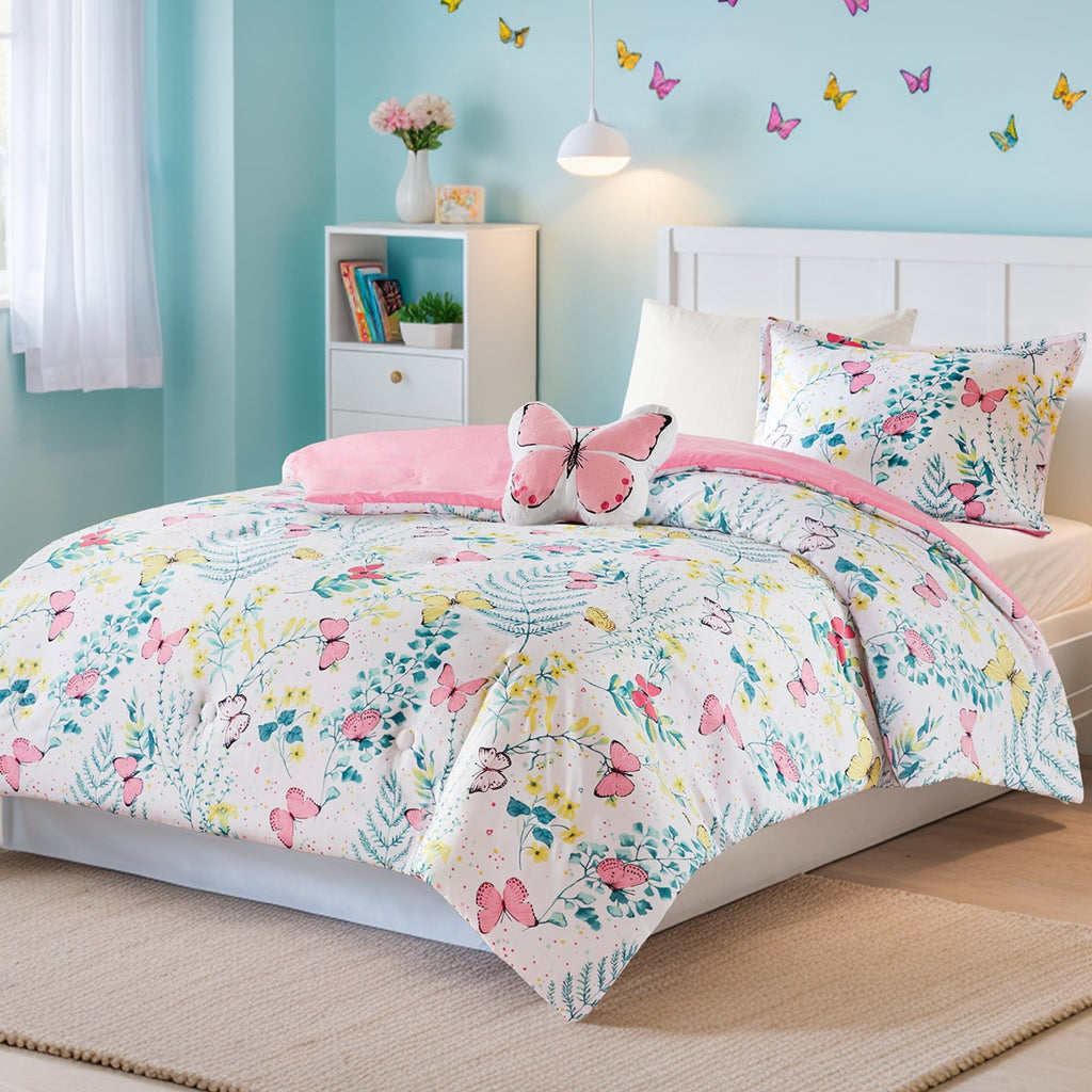 Heavyweight Warmth Full/Queen Size Comforter Sets, 4-Piece Kids Bedding Set for Girls, Butterfly Floral Comforter Bed Set, White/Pink - All-Season Down Alternative Comforter Insert Detail
