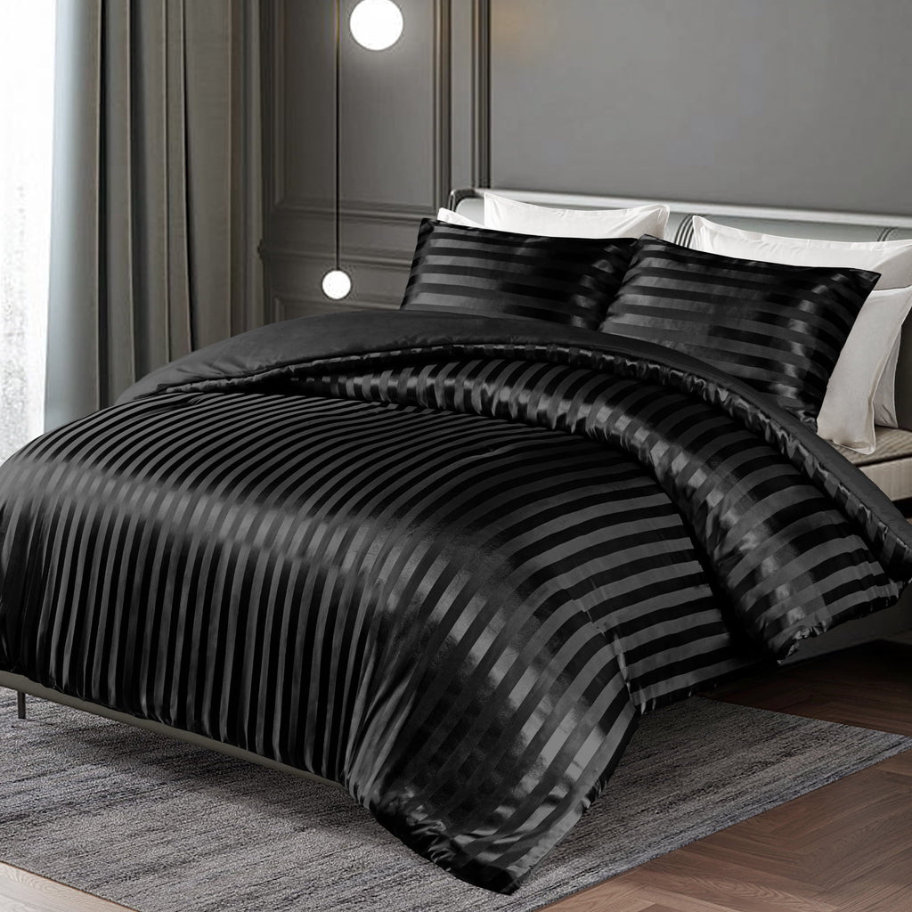 All-Season 3-Piece Reversible Silky Soft King Size Comforter Set, Luxury Stripe Satin Oversized Comforter Bedding Set with 2 Sat... - Cloud-Like Soft Lightweight Bed Comforter Detail