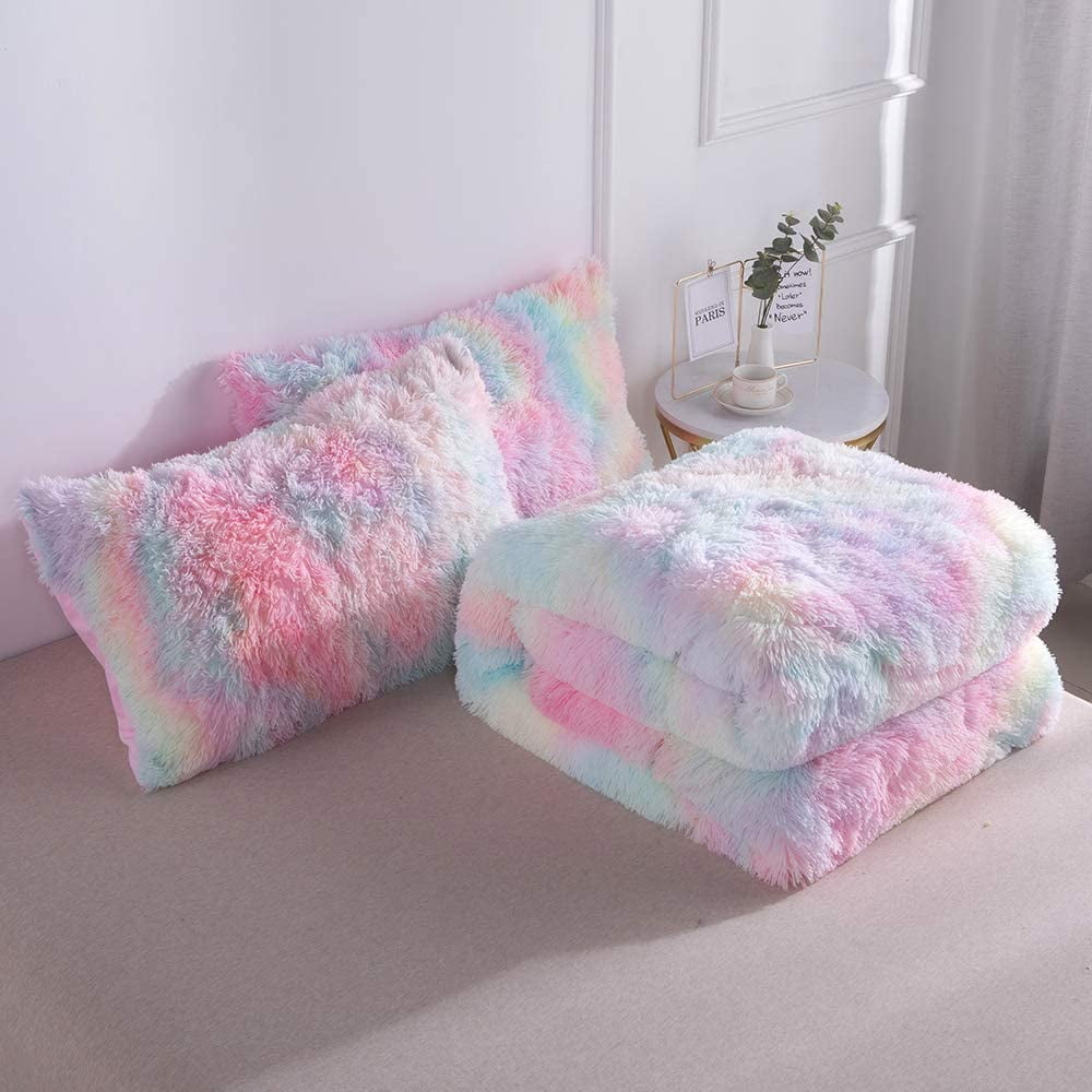 Fluffy Down Alternative Plush Shaggy Comforter Set Fluffy Fuzzy Faux Fur Bedding Set - Microfiber Soft Warm Quilt Set(Rainbow Pink,Queen Size) - Luxurious Quilted Duvet Cover Set Detail