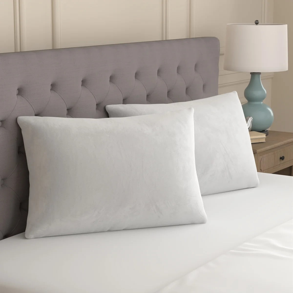Hotel Collection Huggable Support Bed Pillow, Standard- Soft Velvety Cover, Squishable Comfort (2 Count) - Ergonomic Memory Foam Pillow for Neck Pain Support Detail