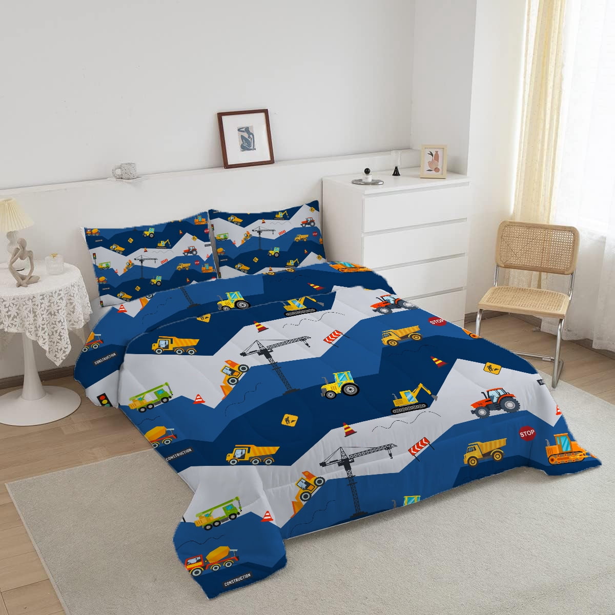 Luxurious Quilted Car Comforter Set Construction Bedding Set for Boys Kids Trucks Comforter Cartoon Car Excavator Tractor Blue 3Pcs Twin - Luxurious Quilted Duvet Cover Set Detail