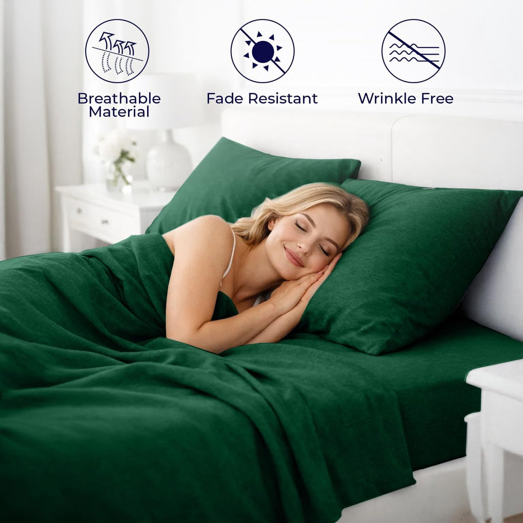 Ultra-Soft Bed Sheet Set Twin 3 Piece Hunter Green Breathable Soft Cotton Jersey Sheets with Deep Pockets, Unisex - Premium Ultra-Soft Pillowcase Pair for Sleeping Detail