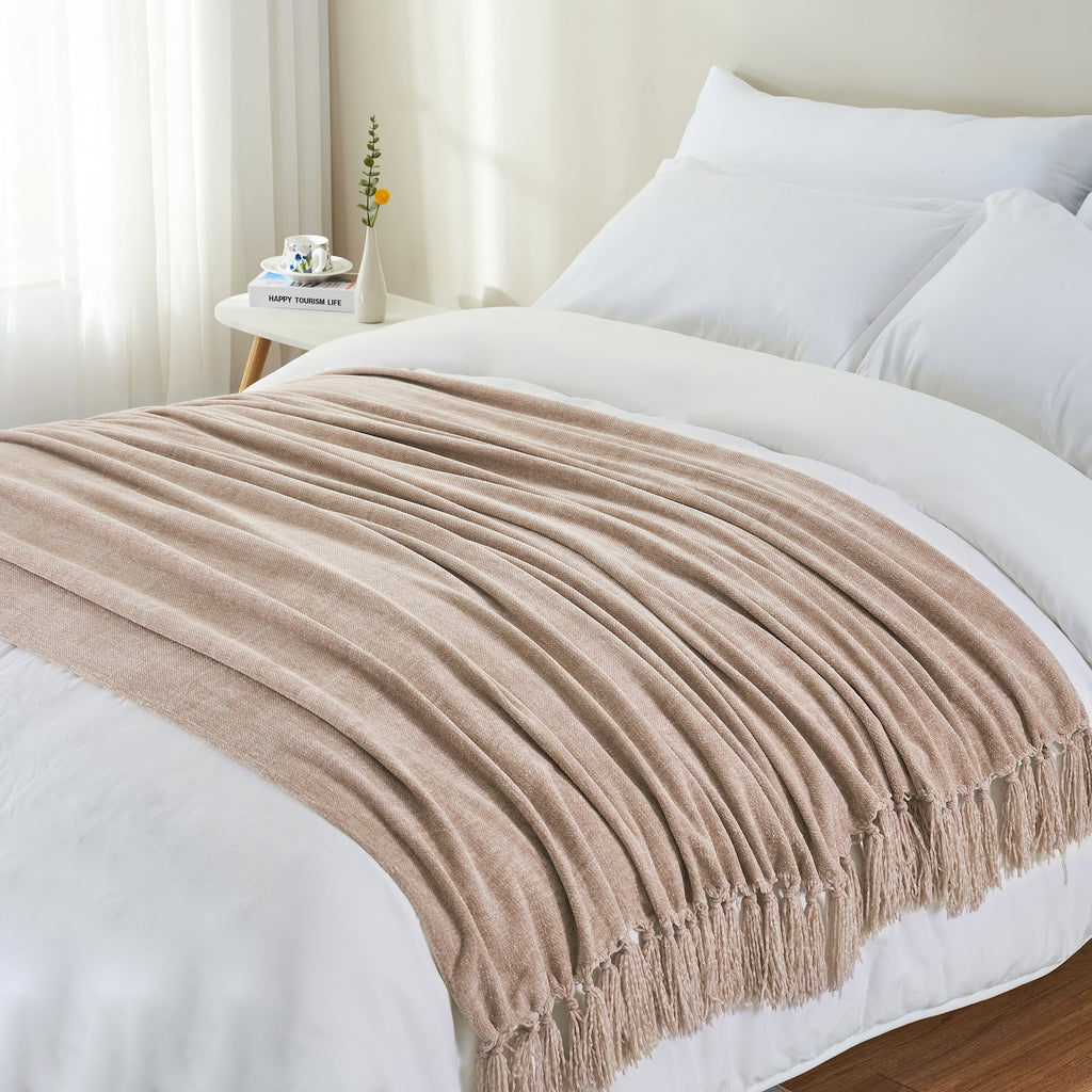 Decorative Knitted Chenille Throw Blanket with Fringe Tassel for Couch Sofa Chair Bed, Taupe 50" X 60" - Super Soft Reversible Sherpa Flannel Blanket Detail