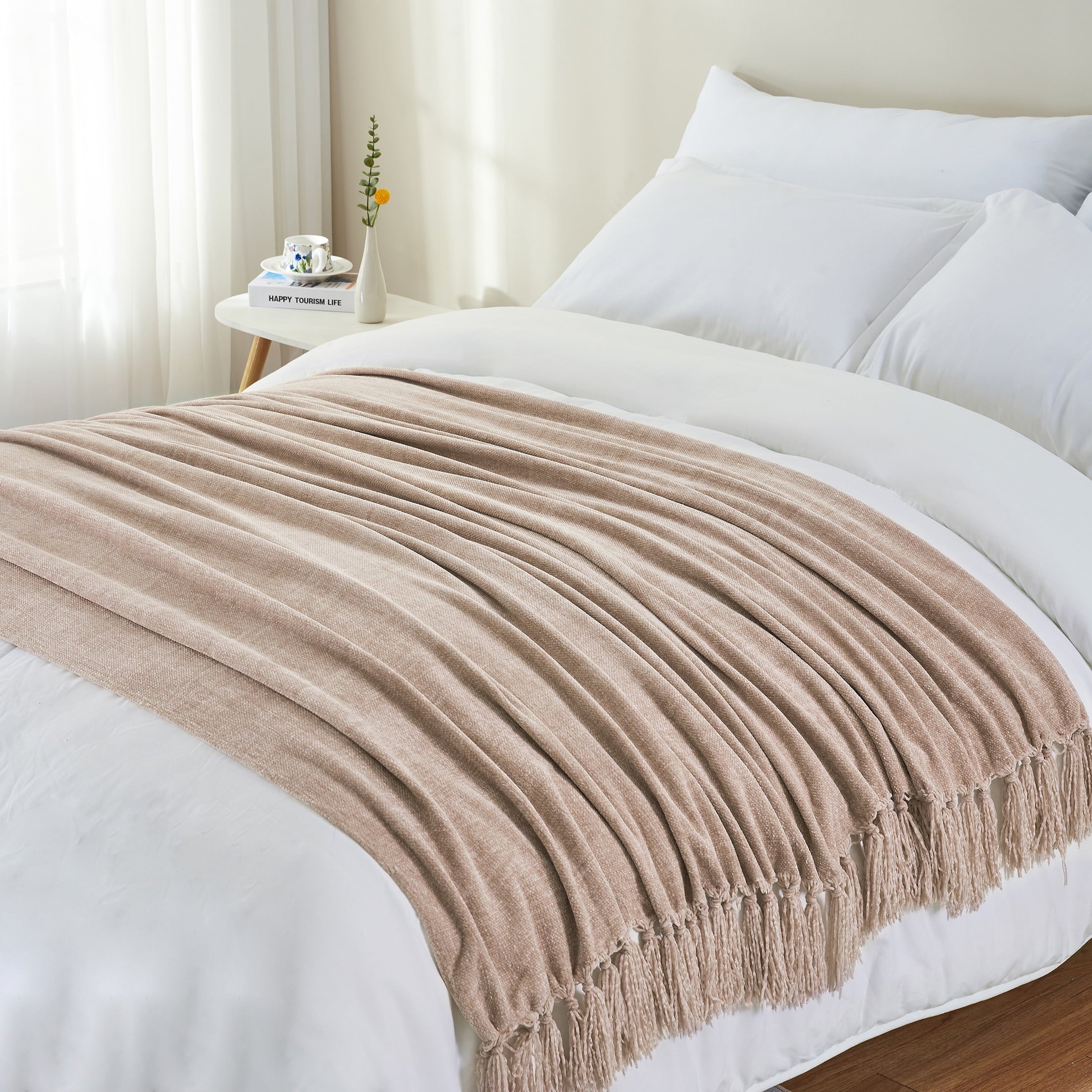 Decorative Knitted Chenille Throw Blanket with Fringe Tassel for Couch Sofa Chair Bed, Taupe 50" X 60" - Super Soft Reversible Sherpa Flannel Blanket Detail