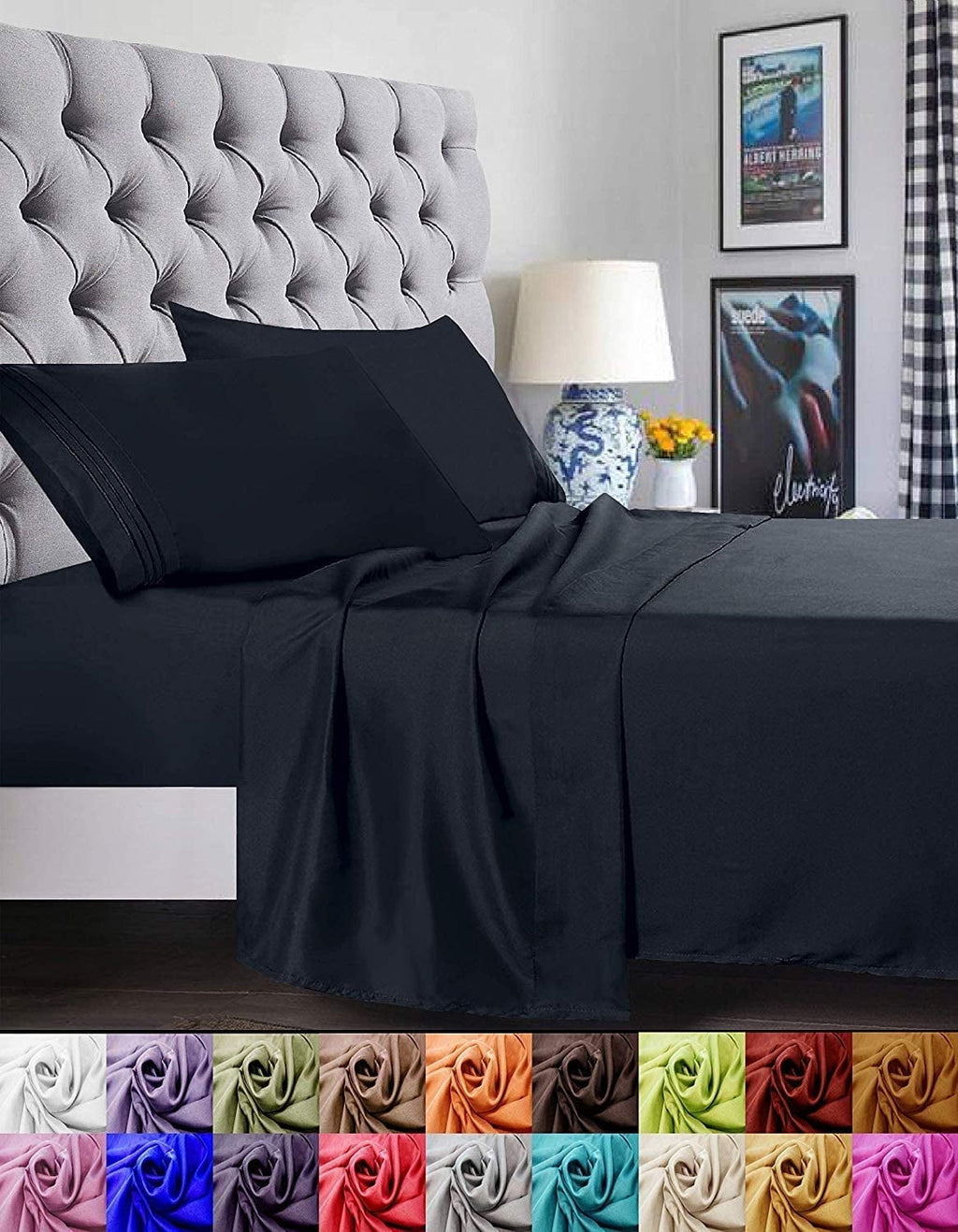 Wrinkle-Resistant 1800 Series Microfiber Bed Sheets 6-Piece Set, Deep Pocket, Queen Black - Cooling Hotel Quality Bedding Sheets and Pillowcases Detail